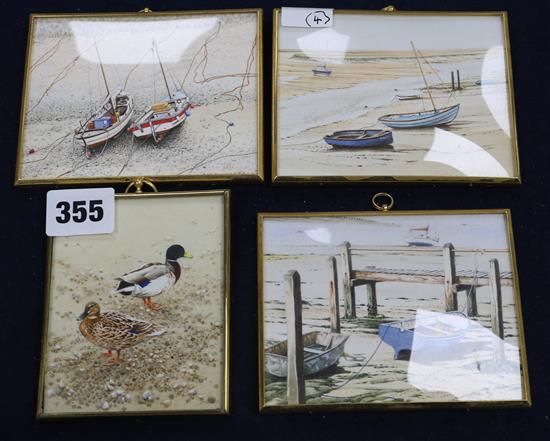 Alan Farrell, 4 watercolour miniatures, Fishing boats at low tide and Study of Mallards, signed and labelled verso, largest 8.5 x 11cm